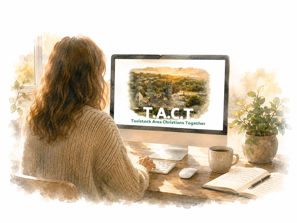 Person using a computer displaying the TACT logo while contacting Tavistock Area Christians Together about churches and Christian events.